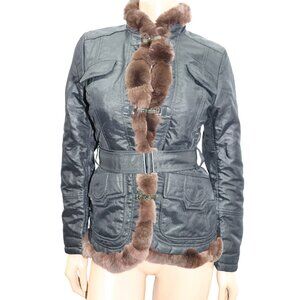 Sleek Stylish Italian We Are Replay Italian Fitted Coat Fur Trim Small